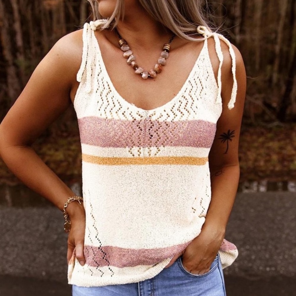 White Striped Colorblock Textured Knit Tank